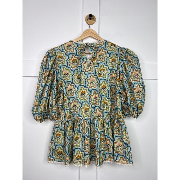 NEW Hunter Bell Puff Sleeves Peplum Cotton Lenny Tea Time Floral Top Blouse - Picture 5 of 9